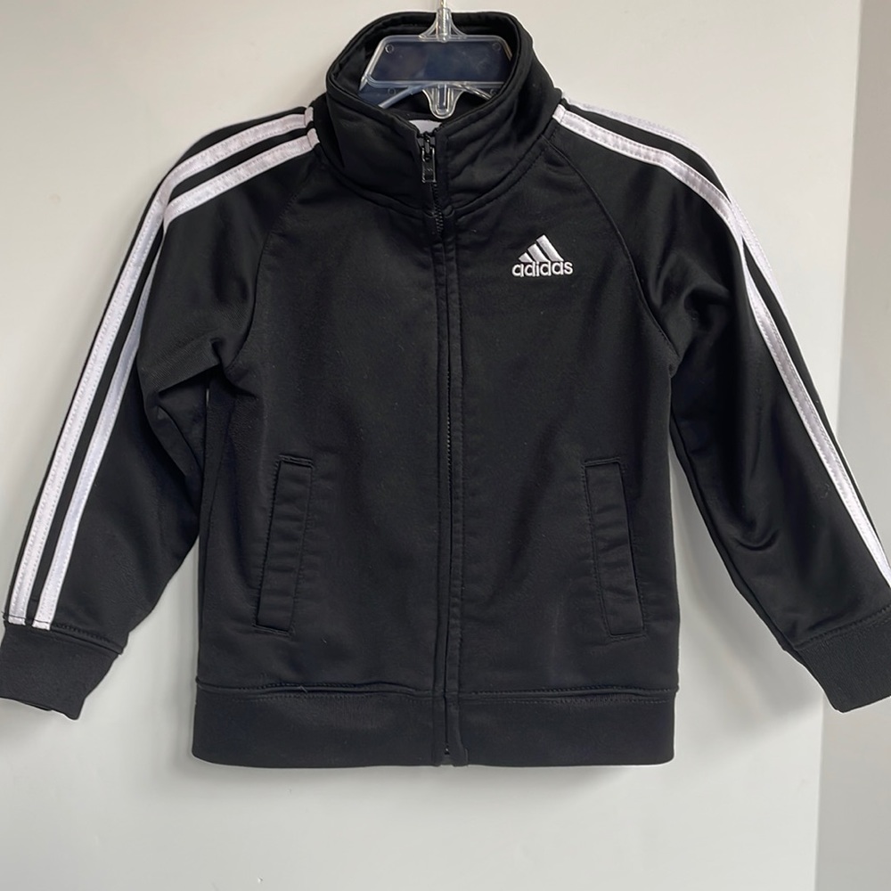 Adidas three stripe sleeve logo back mock neck zip front jacket size 24 months